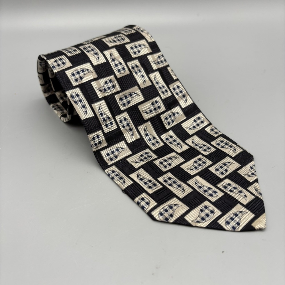HICKEY FREEMAN Men's Italian Silk Necktie USA Designer Paisley Blue Black Tan
